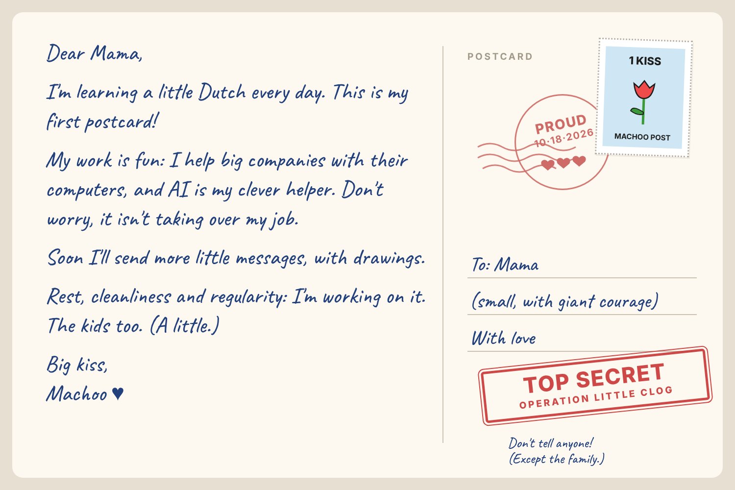 Postcard back: a handwritten note about learning Dutch, fun work, and AI as a clever helper.