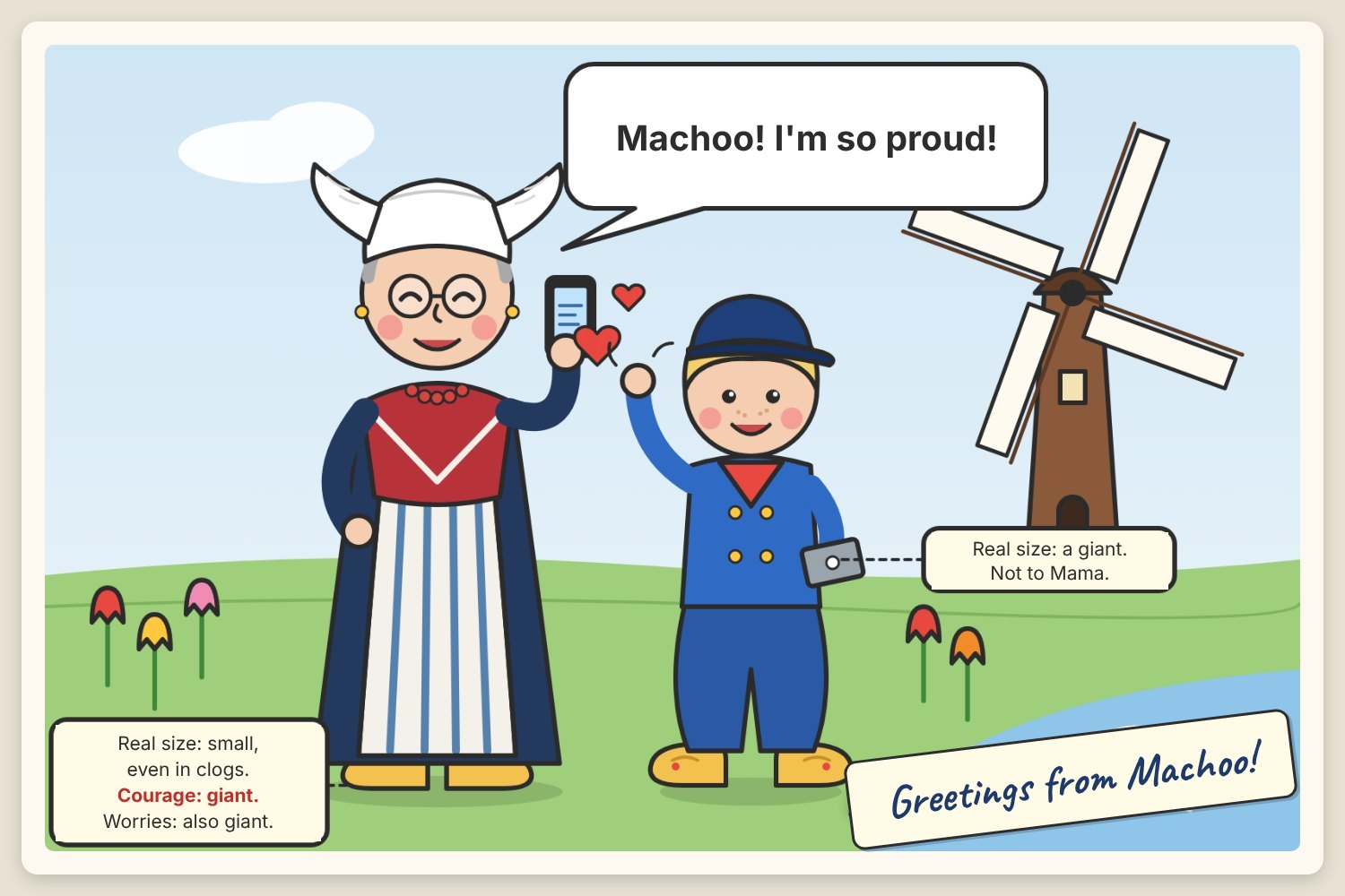 Postcard front: Mama in a lace cap, apron and clogs, proud of little Machoo.