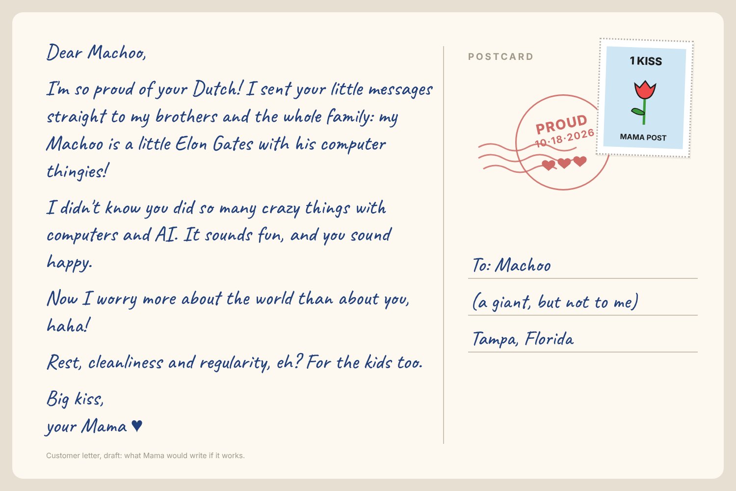 My guess at Mama's reply: proud of the Dutch, forwarded to her brothers, worrying more about the world than about me.